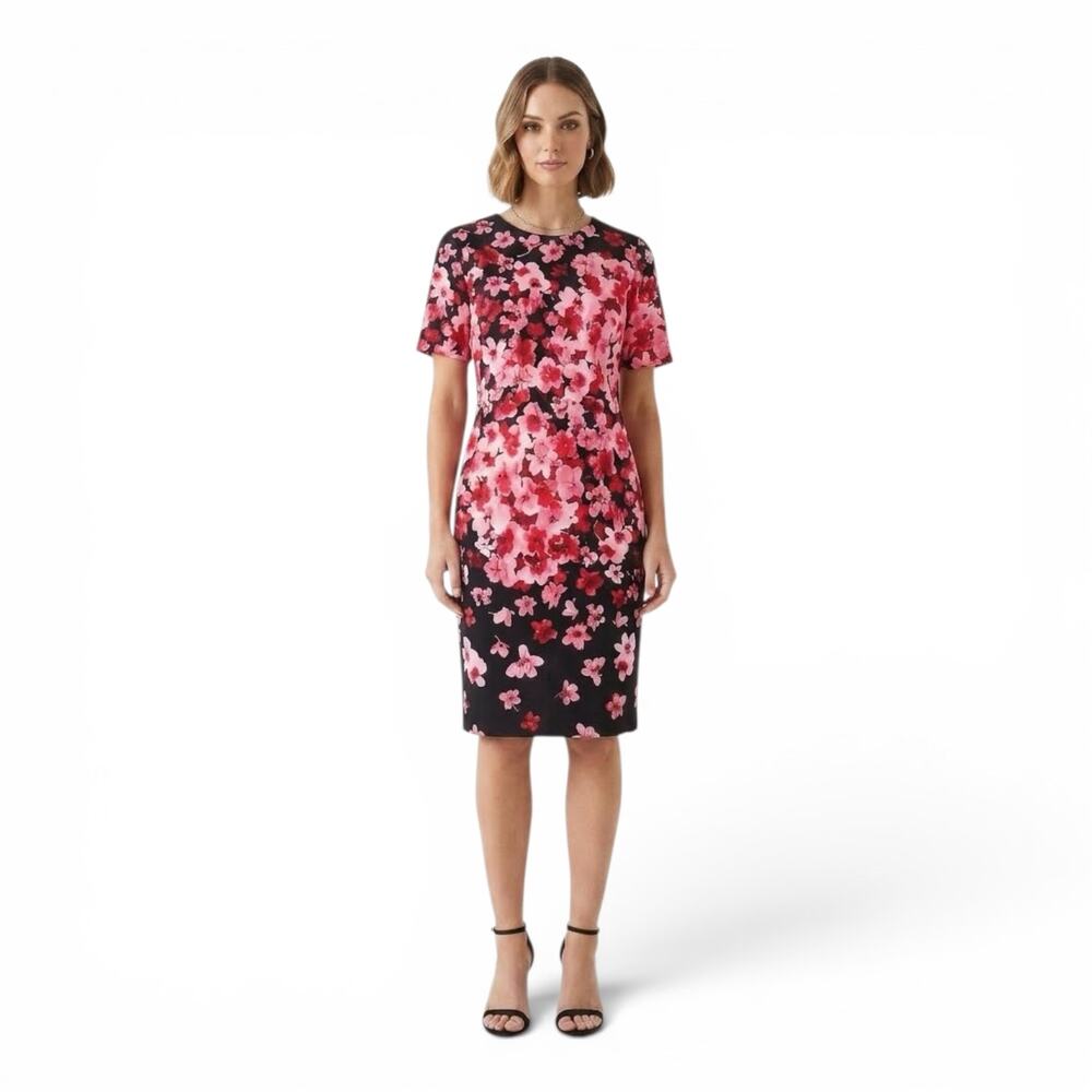 Eliza J NWT Women's Short Sleeve Shift Dress Size 4P Black Pink Floral Scuba